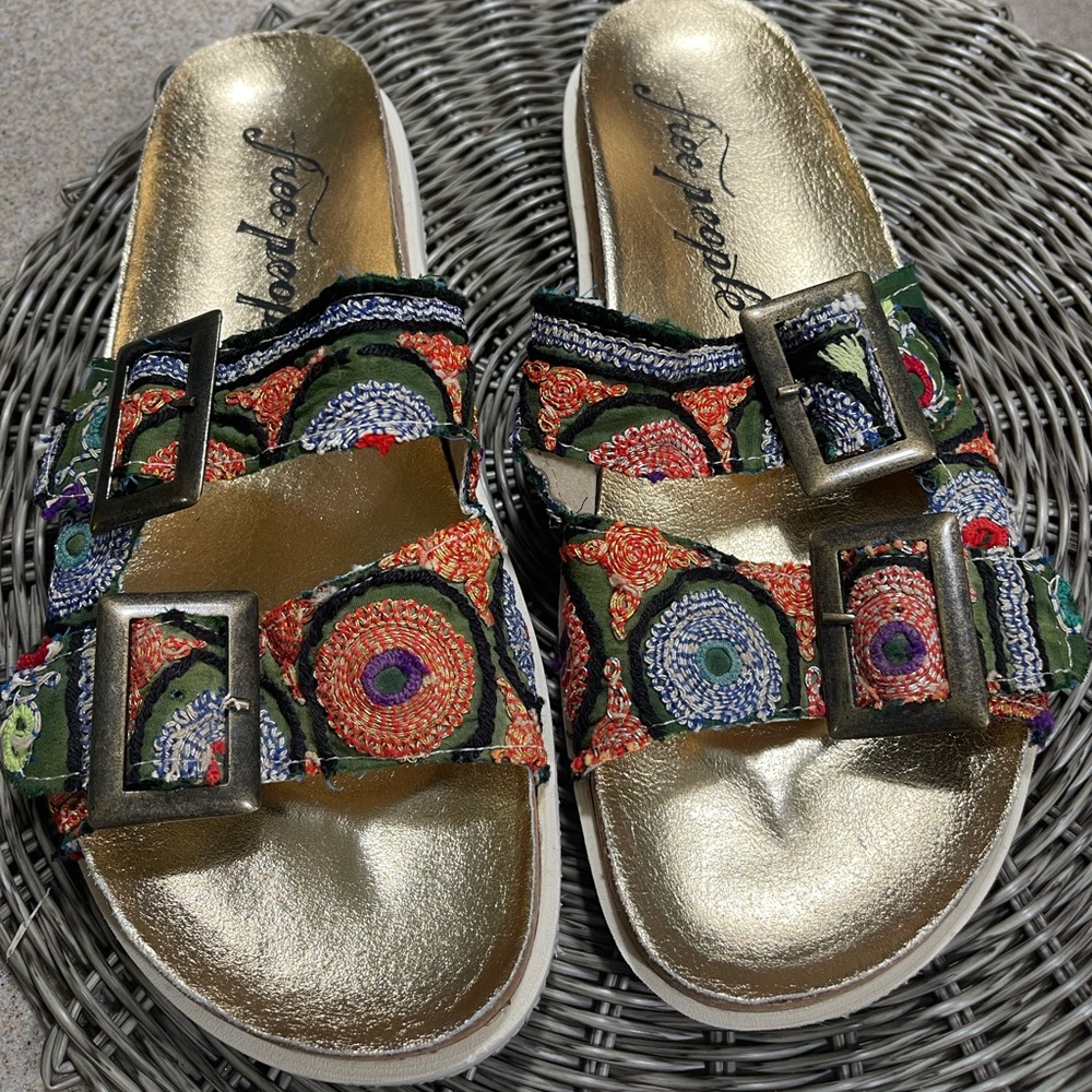Free People Gold Metallic Embroidered Buckle Slide Sandals
